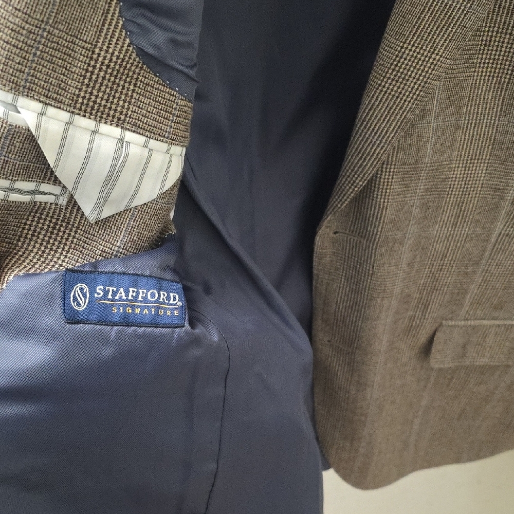 Stafford Signature 100% Wool Brown & Blue Plaid Suit 40R jacket 34×32 Pants - Picture 2 of 12